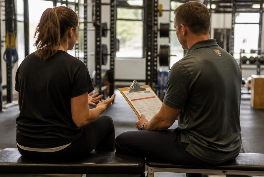 Coach with clipboard and client on a gym bench, viewed from behind