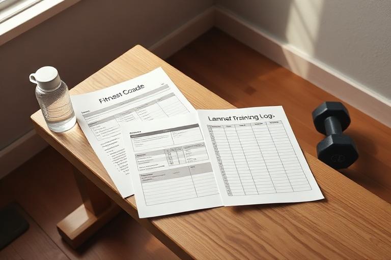 Printed fitness guide and training log on a wooden bench